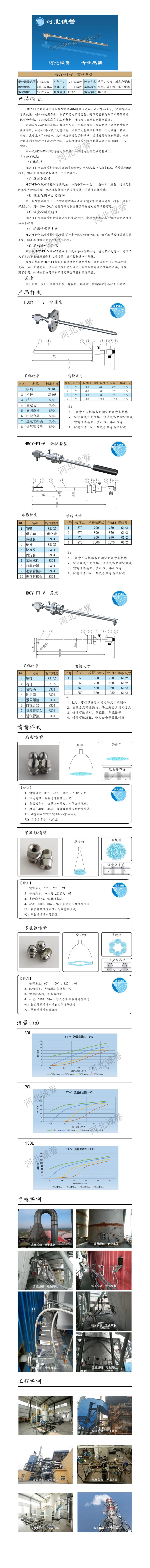 FT-V脫硝噴槍、保護(hù)套、噴槍參數(shù)、材質(zhì)尺寸、流量分布圖、扇形空心錐俯視圖介紹，以及噴槍霧化視頻展示和工程案例介紹